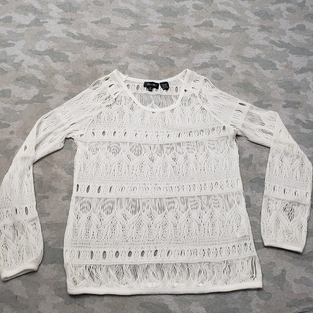 Y2k Miss Me Top Womens Small White Pullover Long Sleeve Vintage Crochet Boho